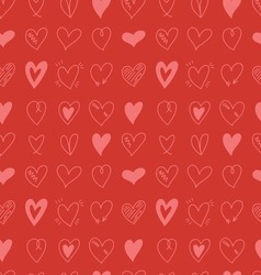 Vector seamless pattern with cute various hand drawn simple hearts doodle on red background. Romantic Valentines day backdrop, wallpaper design.