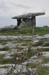 Moody view of Poulnabrone Dolmen portal tomb in Burren, Ireland