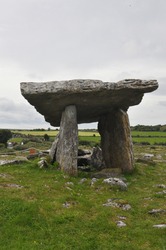 Moody view of Poulnabrone Dolmen portal tomb in Burren, Ireland