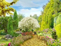 Beautiful garden. Garden path in flower beds. Digital fresco