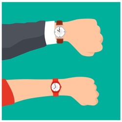Wrist Watch On Man and Woman Hand. Time On Wrist Watch. Flat Cartoon Style Vector Illustration.