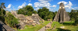 Panoramic view of Tikal - Maya Temple of the Great Jaguar. UNESCO world heritage in Guatemala