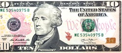 Large fragment of the Obverse side of 10 ten dollars bill banknote series 2013 with the portrait of Secretary Alexander Hamilton, American money banknote, vintage retro, United States of America
