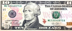 Large fragment of the Obverse side of 10 ten dollars bill banknote series 2013 with the portrait of Secretary Alexander Hamilton, American money banknote, vintage retro, United States of America