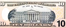 Large fragment of the reverse side of 10 ten dollars bill banknote series 2013 features the U.S. treasury building, American money banknote, vintage retro, United States of America