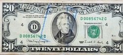 Large fragment of the Obverse side of 20 twenty dollars bill banknote series 1990 with the portrait of president Andrew Jackson, old American money banknote, vintage retro, United States of America