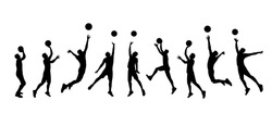 Basketball players silhouettes isolated on a white background. Athletes with a basketball ball jump up to the hoop. Vector stock illustration.