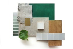 Top view moodboard. Material samples. Green, stone, wood.         