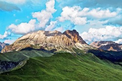 Sassolungo and Sassopiatto panorama in Unesco Dolomite alps, Val Di Fassa Dolomite, Trentino alto adige, Italy