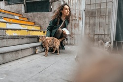 Beautiful brunette woman touching cat on the street of Istanbul