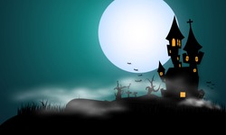 Halloween background vector, full moon and bat silhouette style