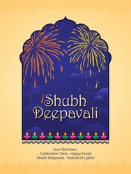 Illustration of Fireworks in Night Sky from Traditional Indian Decorative Window for Festival of Lights means lighten Diya Oil Lamp on the Occasion of Shubh Dipawali aka Happy Diwali with Wishesh.