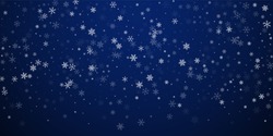 Sparse snowfall Christmas background. Subtle flying snow flakes and stars on dark blue night background. Beauteous winter silver snowflake overlay template. Symmetrical vector illustration.