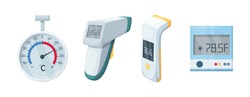 Medical domestic meteorology thermometer. Mercury and electronic thermometer for temperature measurement. Temperature scale for measurement. Healthcare and medical equipment, device flat vector.