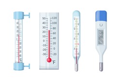 Medical domestic meteorology thermometer. Mercury and electronic thermometer for temperature measurement. Temperature scale for measurement. Healthcare and medical equipment, device flat vector.