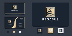 Minimallist Pegasus logo design with unique box line shape, nature, park, horse, gold gradeint, Premium Vecto