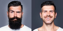 Bearded man with long beard and mustache or handsome hipster in barbershop. Shaved vs unshaven Barber hair salon. Before and after