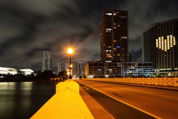 Bayside Miami Downtown MacArthur Causeway from Venetian Causeway. Miami downtown.