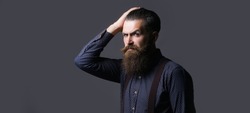 Beard man with classic long beard, bearded gay. Barber, barbershop concept. Mustache retro men. Banner for website with text copy space.