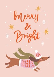 Holiday Graphic With Handwritten Phrase „Merry And Bright”. Cute Christmas Illustration With Dachshund In Pink Knitted Sweater And Long Green Scarf. Ideal For Greeting Card Design.