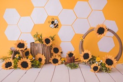 Bees background with sunflower for photography studio