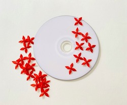 Flora designed on Disc and surrounded by Red Ixora petals on White background.