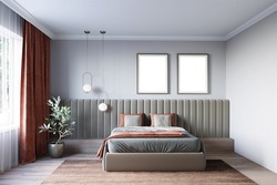 Mockups for wall decor in the bedroom interior. 3d render for 2 posters on the wall. Modern interior style.