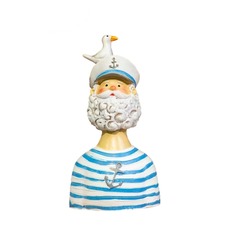 Funny figure of a sailor in a striped shirt and with a seagull on his head. Concept of vacation at sea, summer. Isolate on white background.