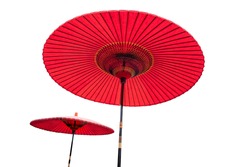 Two Japanese style red umbrellas on white background.