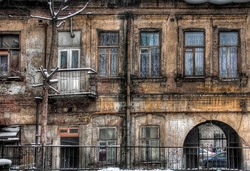 
Old dilapidated houses, Russia, Rostov-on-Don. Exterior architecture and vintage building design.