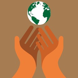 Vector graphic illustration, palm receiving, pleading, praying, with globe on it. simple flat design concept isolated on brown background
