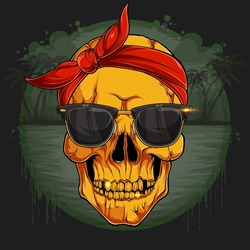 Golden human skull head with red bandana and sunglasses Gold Skeleton