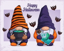 Hand drawn cute gnomes in Halloween disguise holding cauldron and poison happy Halloween text