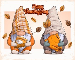 Hand drawn cute gnomes in thanksgiving disguise holding pumpkin pie and glazed turkey
