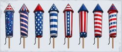 4th of July firework cracker rockets collection with USA flag pattern for American independence day