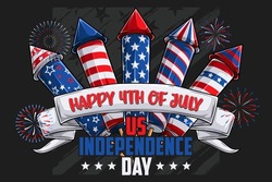 Happy 4th of July poster USA independence day Hand drawn ribbon with set of firework cracker rockets