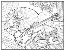 Still life with violin and sleeping cat. Coloring book for children and adults. Image in zen-tangle style. Printable page for drawing and meditation. Black and white vector illustration.
