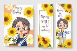 Sweet girl with sunflower in spring theme illustration for kids fashion artworks, children books, prints, t shirt graphic.