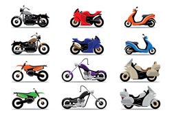 Big isolated Motorcycle vector colorful icons set, flat illustrations of various type motorcycles.