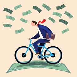 A young businessman rides a bicycle to work to save money on travel to the office. Flat vector illustration design