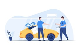 A young man bought himself a car from a car showroom as a gift for years of hard work. He is signing a car sales contract. Vector illustration character flat design