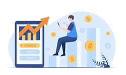 A young man buys speculative stocks and he speculates the market right. The stock went up and he made a huge profit from the stock he bought. Vector illustration character flat design