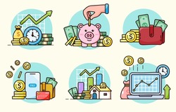 Collection of Financial investment, Bank deposit, profit finance Manage money in cartoon style for graphic designer, vector illustration
