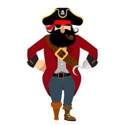 Pirate isolated. Eye patch and smoking pipe. filibuster cap. Bones and Skull. Head corsair black beard. buccaneer Wooden foot