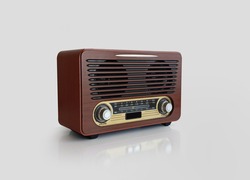 Old brown radio, retro radio without background. Perspective vintage radio isolated.