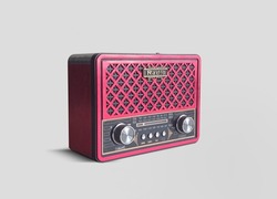 Old red radio, retro radio without background. Vintage radio isolated.
