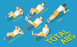 Fitness men in gym, gymnastics workout and yoga exercises. 3d isometric icons. Sport people, total abs,vector illustration
