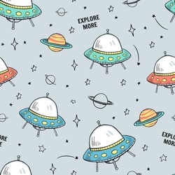 Space Seamless Repeat Pattern. Hand Drawn Galaxy, Rockets and Planets, Spaceship Seamless Vector Patter.