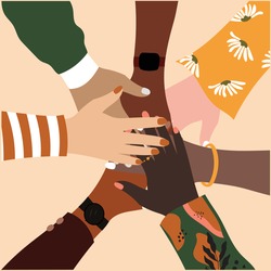 Top view of multicolored stacking hands flat vector illustration - International friendship concept with multiethnic people representing peace and unity against racism. Teamwork, cooperation concept.
