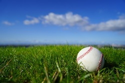 A baseball ball placed on a refreshing blue sky and natural grass